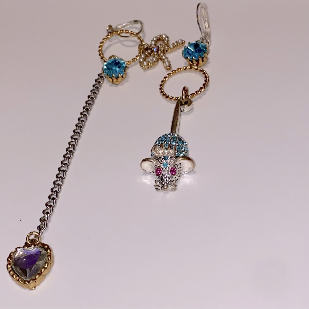Vintage Betsey Johnson Blue Mouse and Heart Drop Earrings